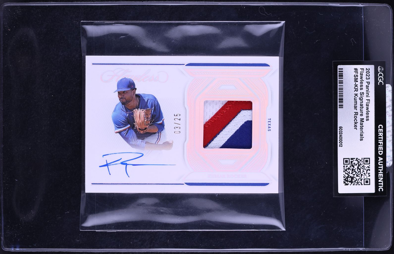 2023 Panini Flawless Kumar Rocker PROSPECT PATCH AUTO /25 #FSM-KR CGC AUTH