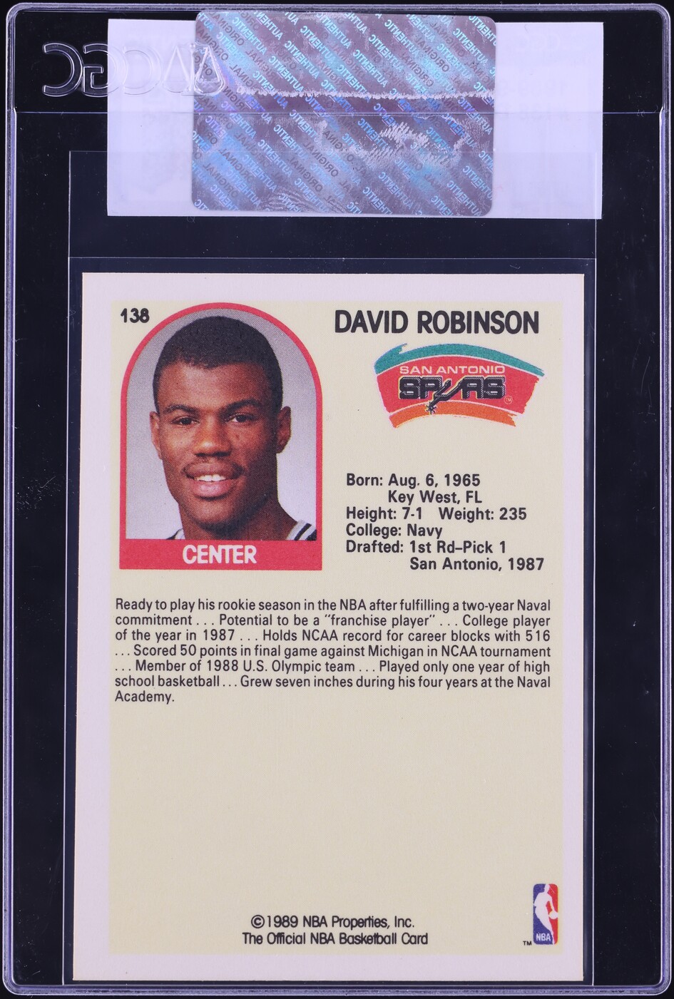 1989 Hoops David Robinson ROOKIE #138 CGC AUTH
