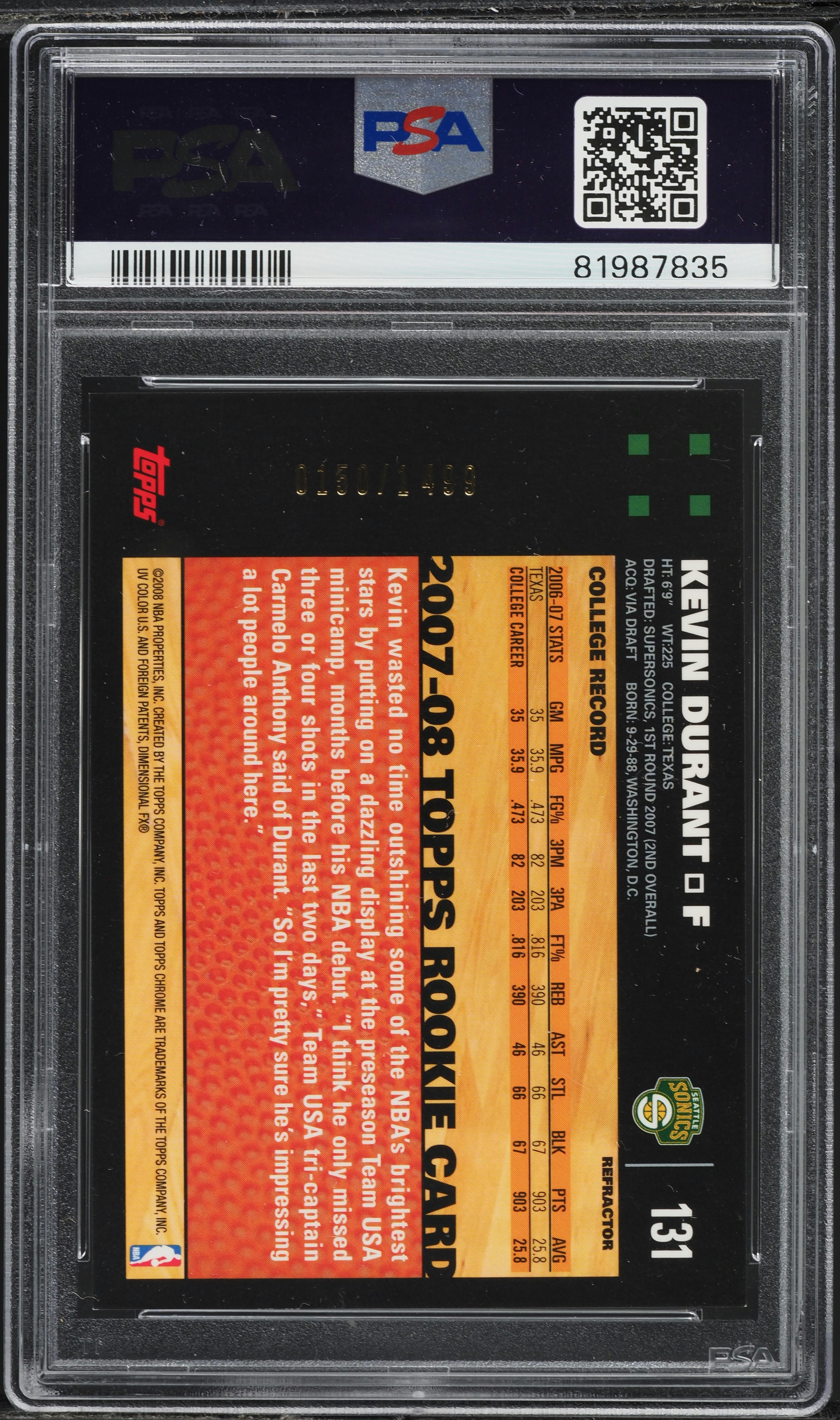 2007 Topps Chrome Refractor Kevin Durant ROOKIE /1499 #131 PSA 9