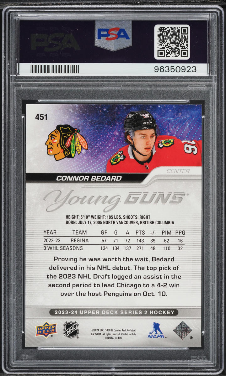 2023 Upper Deck Young Guns Connor Bedard ROOKIE #451 PSA 10 GEM MINT