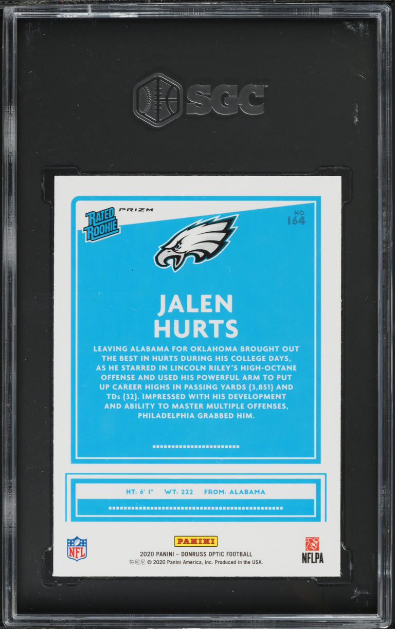 2020 Donruss Optic Purple Shock Prizm Jalen Hurts ROOKIE #164 SGC 10 GEM MINT