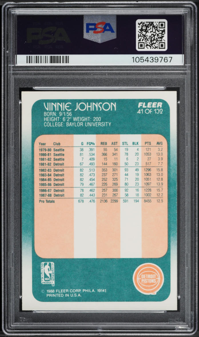 1988 Fleer Basketball Vinnie Johnson #41 PSA 8 NM-MT