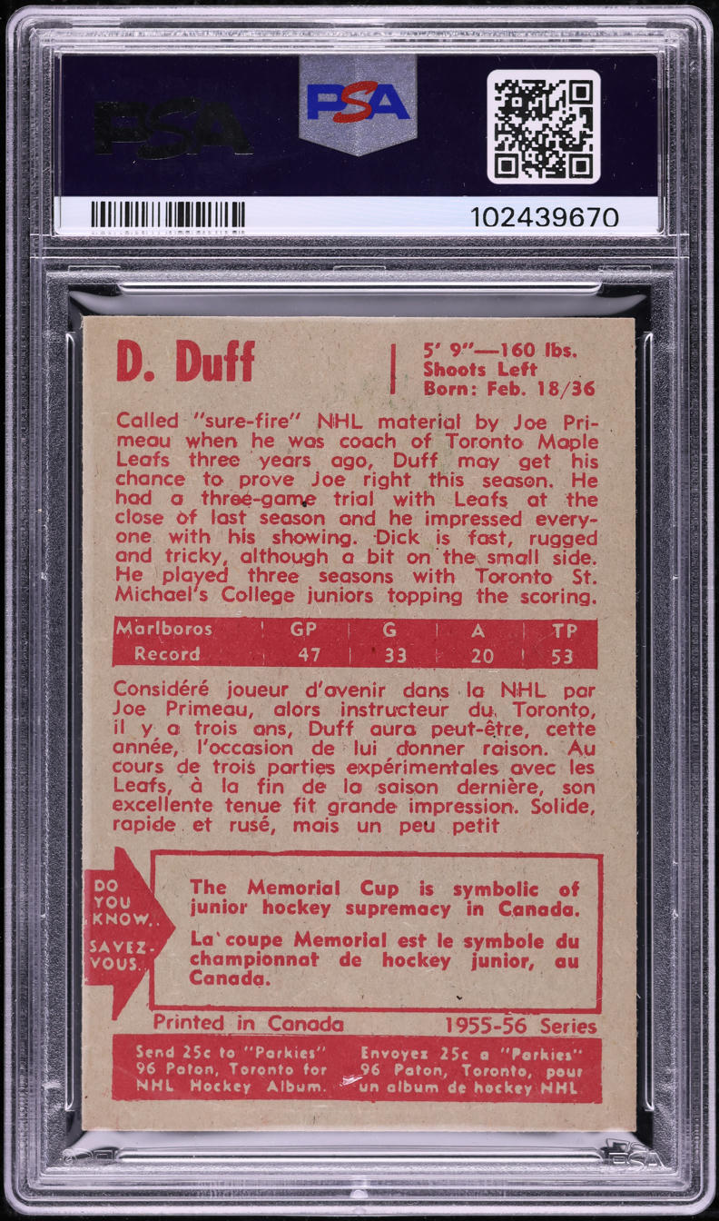 1955 Parkhurst Hockey Dick Duff ROOKIE #18 PSA 7 NRMT