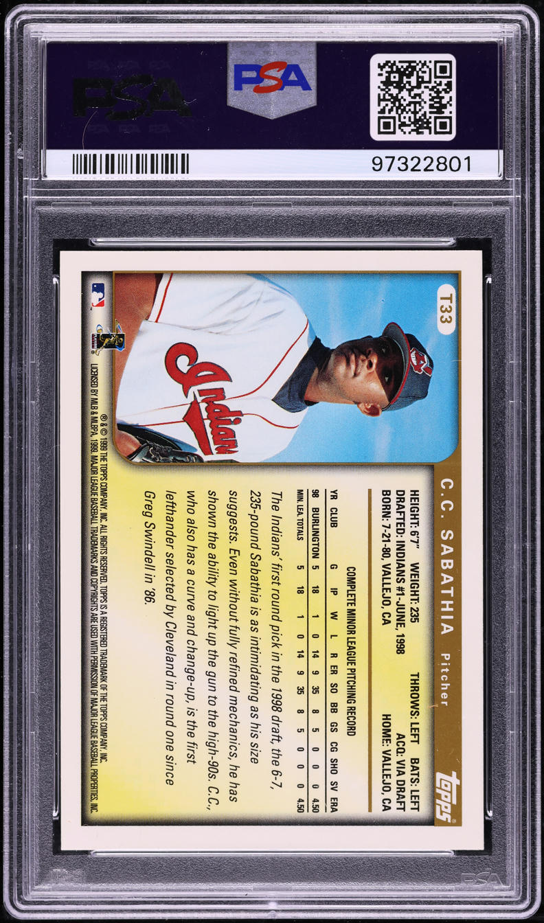 1999 Topps Traded C.C. Sabathia ROOKIE AUTO DNA 10 #T33 PSA 9 MINT