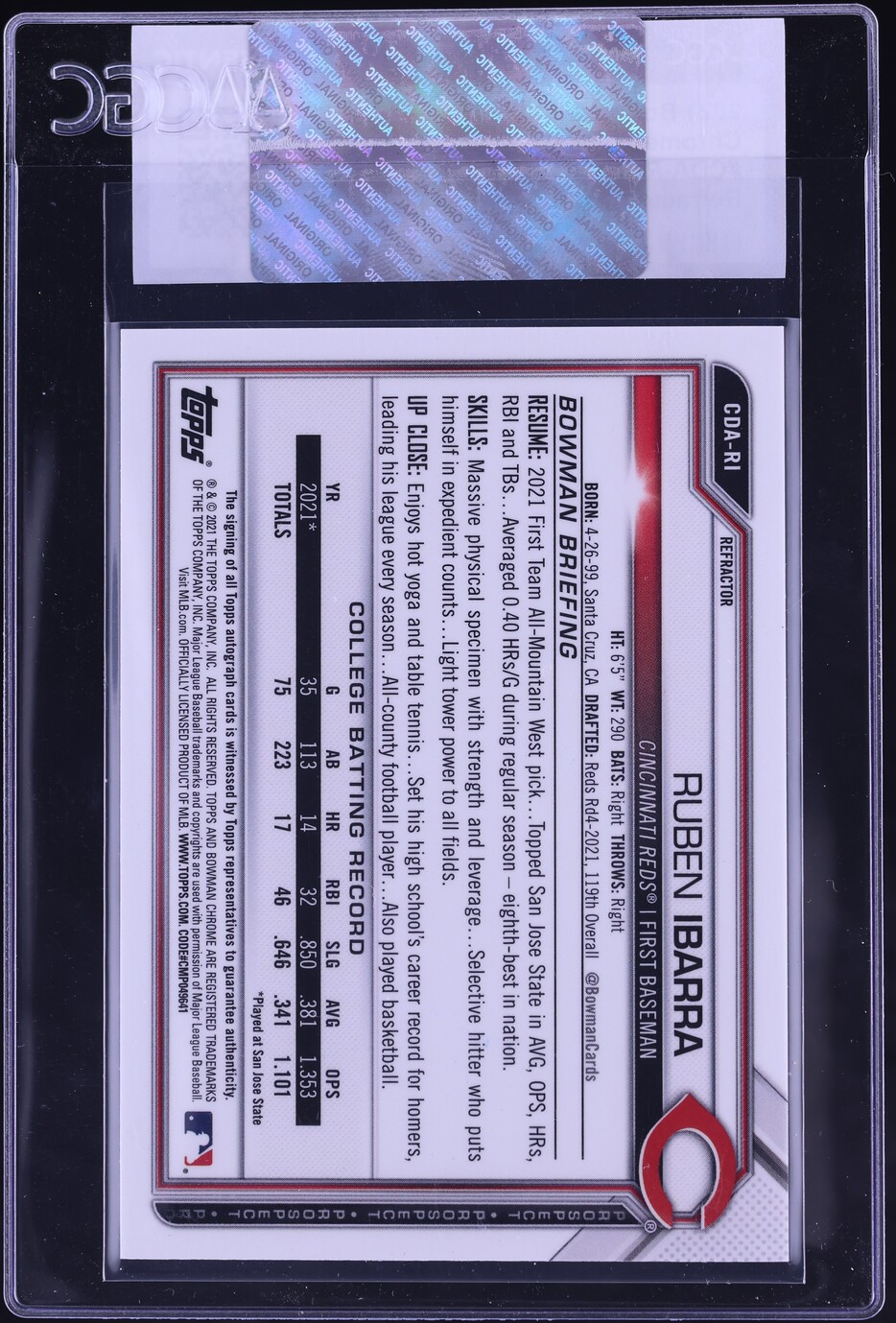 2021 Bowman Chrome Draft Refractor Ruben Ibarra PROSPECT AUTO /499 CGC AUTH