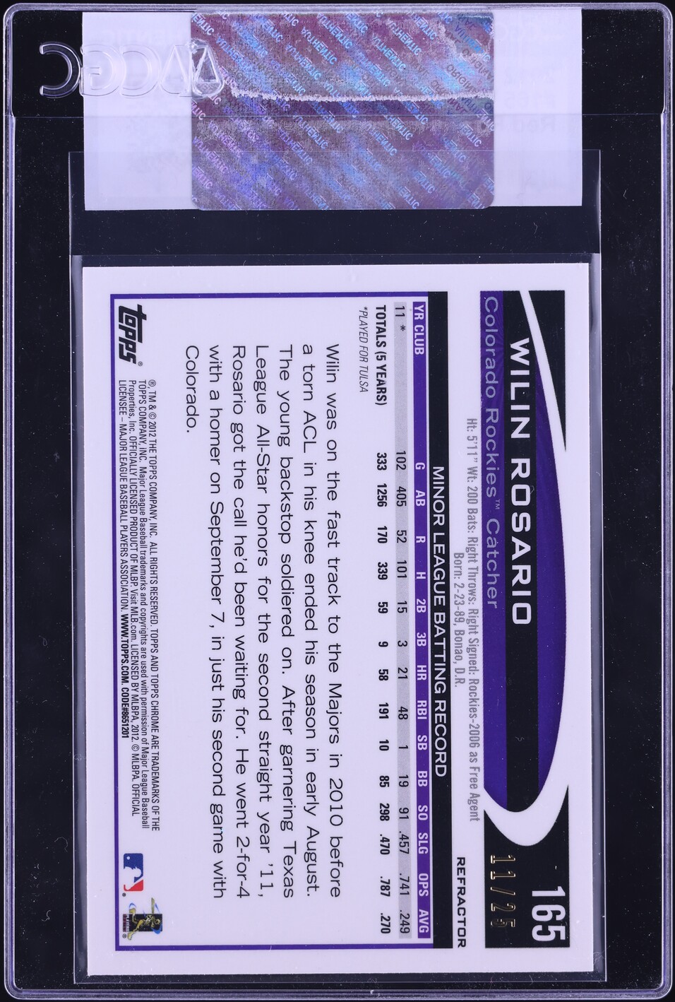 2012 Topps Chrome Red Refractor Wilin Rosario ROOKIE /25 #165 CGC AUTH