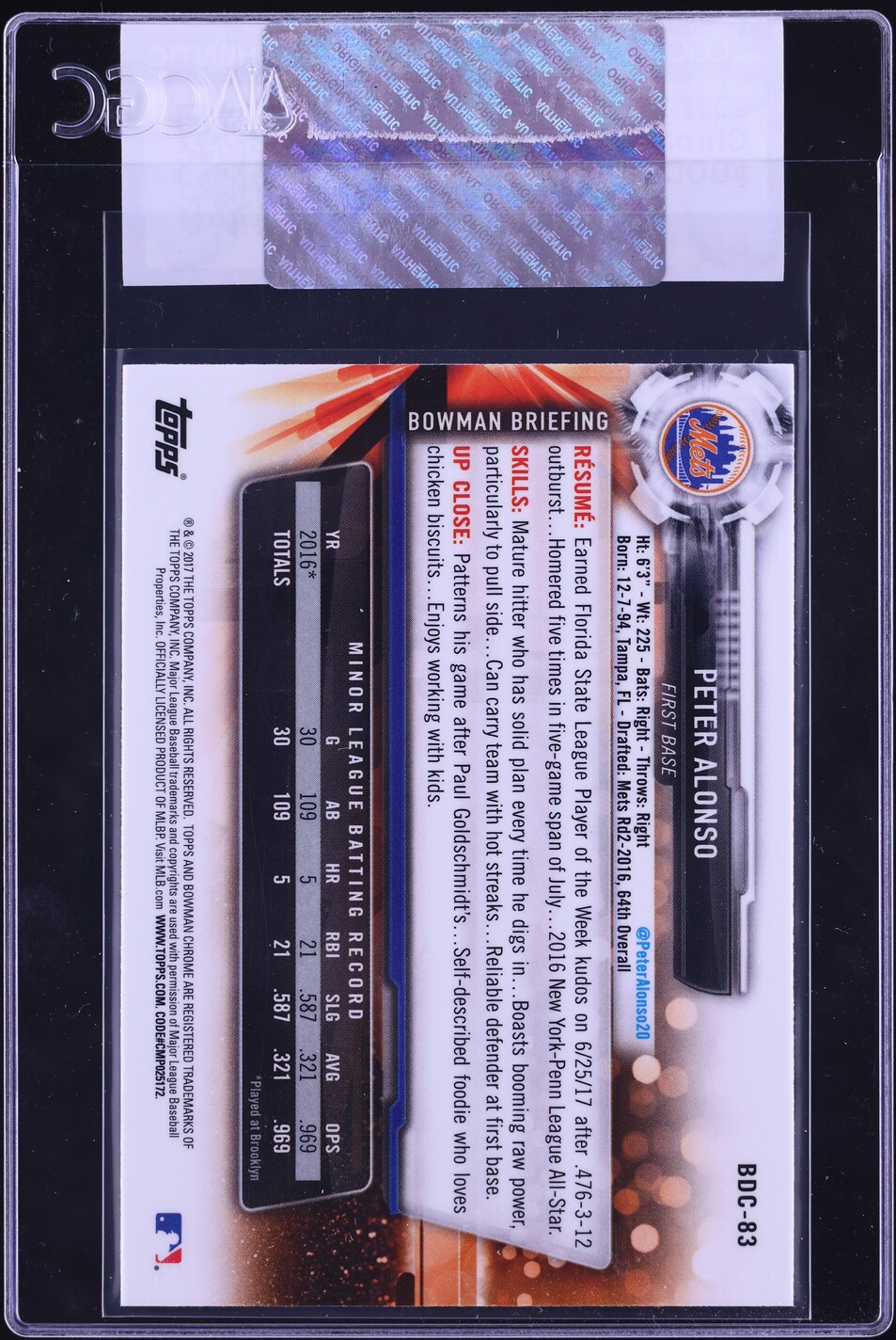 2017 Bowman Chrome Draft Pete Alonso PROSPECT #BDC-83 CGC AUTH