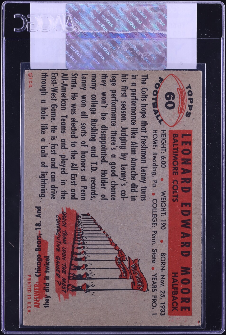 1956 Topps Football Lenny Moore ROOKIE #60 CGC AUTH