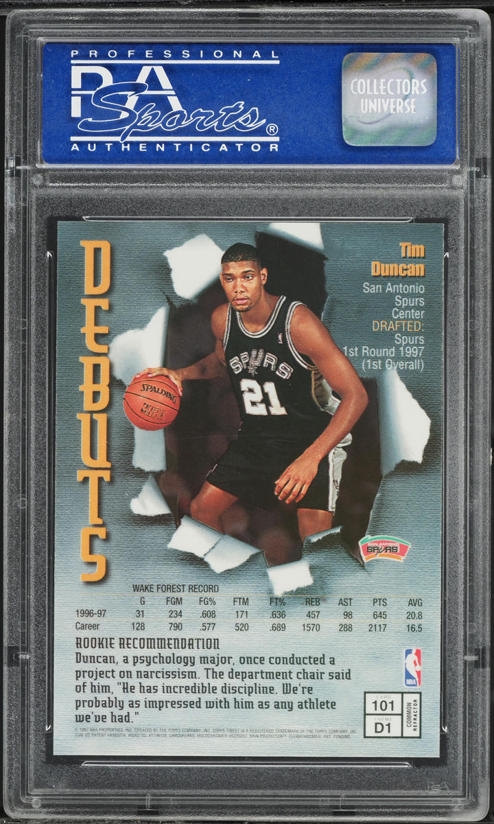 1997 Finest Refractor Tim Duncan ROOKIE #101 PSA 10 GEM MINT