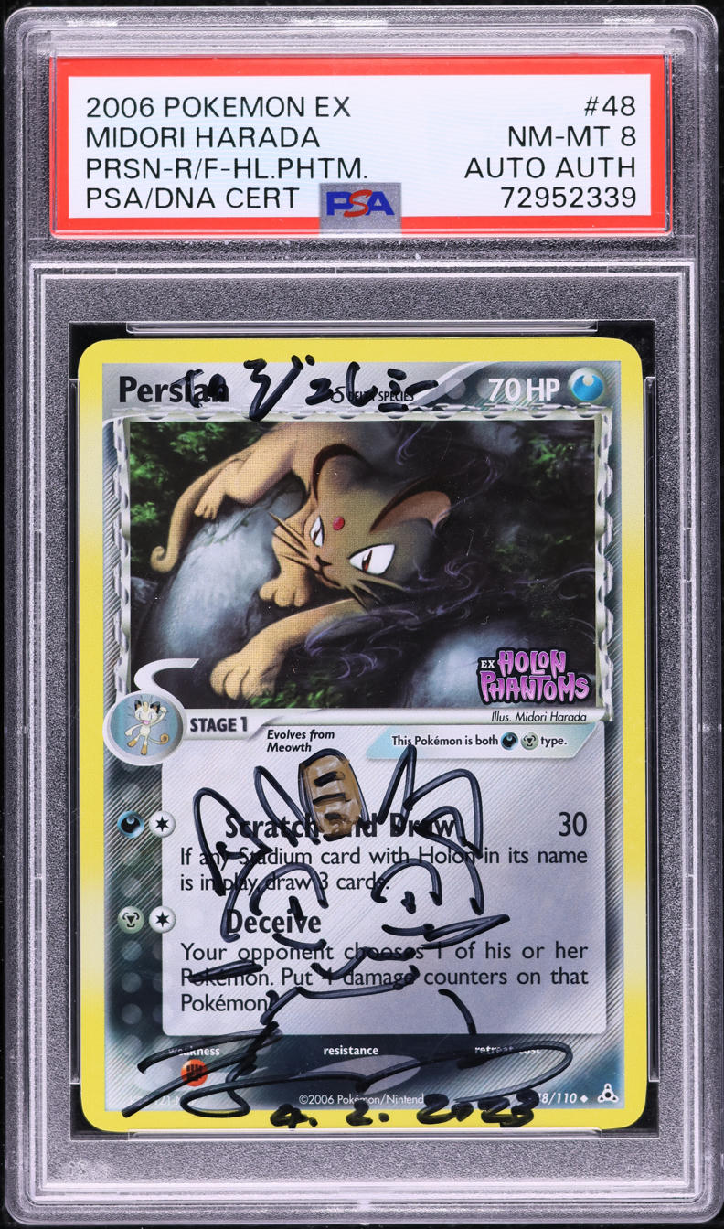 2006 Pokemon Ex Holon Phantoms Reverse Holo Persian Harada AUTO DNA #48 PSA 8