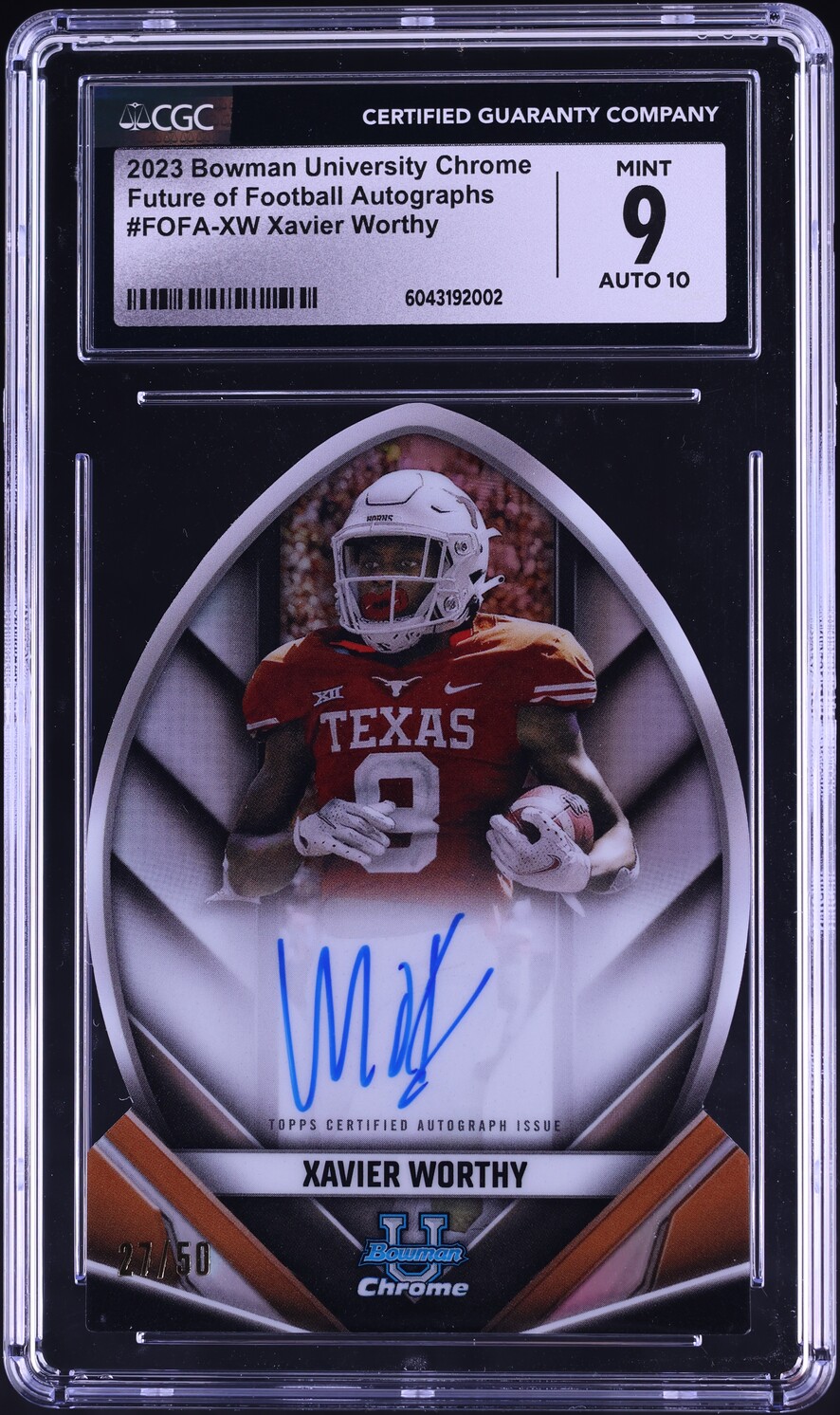 2023 Bowman University Chrome Future Of Football Xavier Worthy AUTO /50 CGC 9