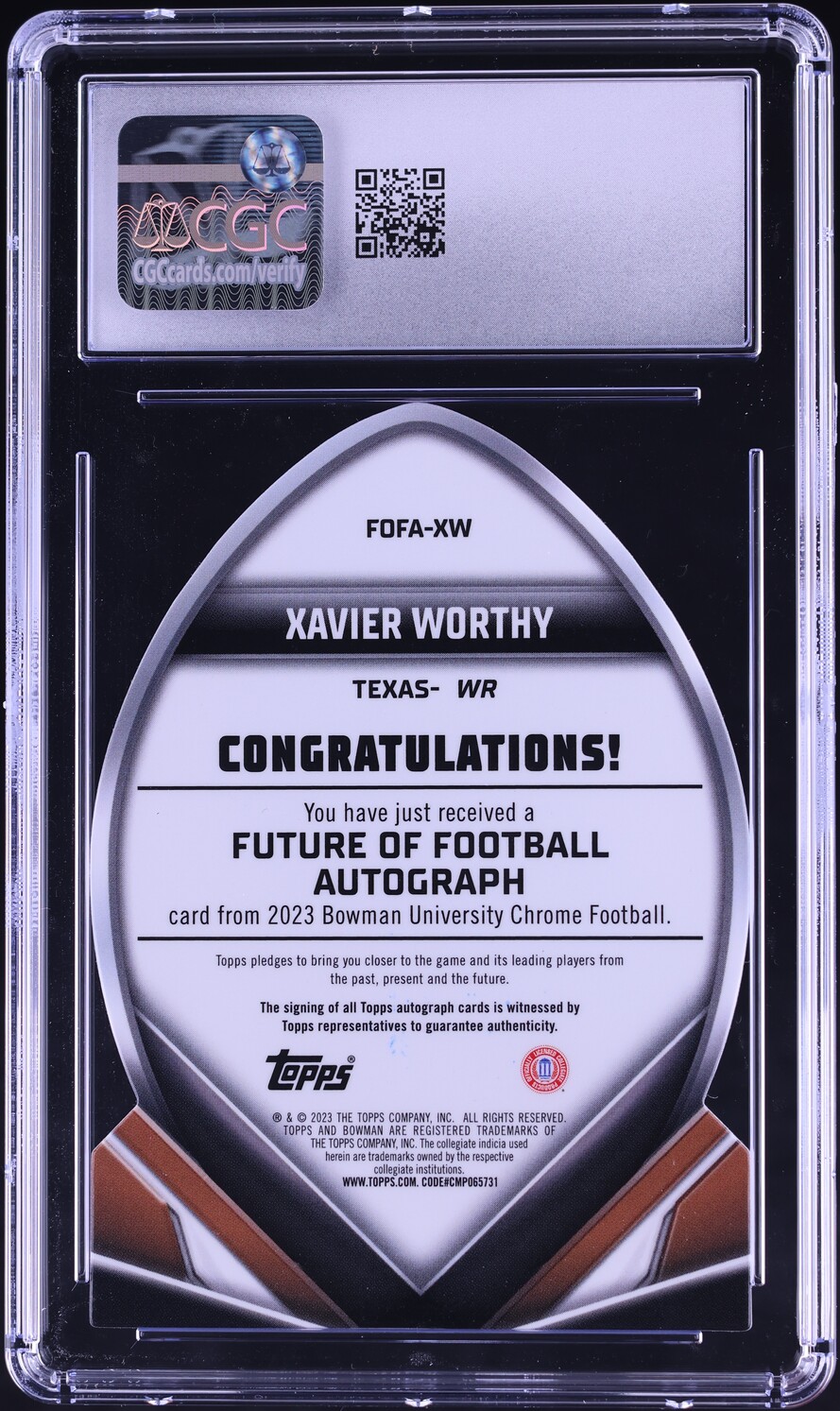 2023 Bowman University Chrome Future Of Football Xavier Worthy AUTO /50 CGC 9
