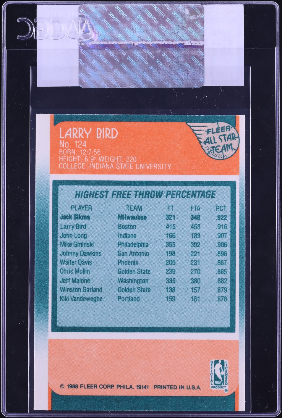 1988 Fleer All-Star Larry Bird #124 CGC AUTH