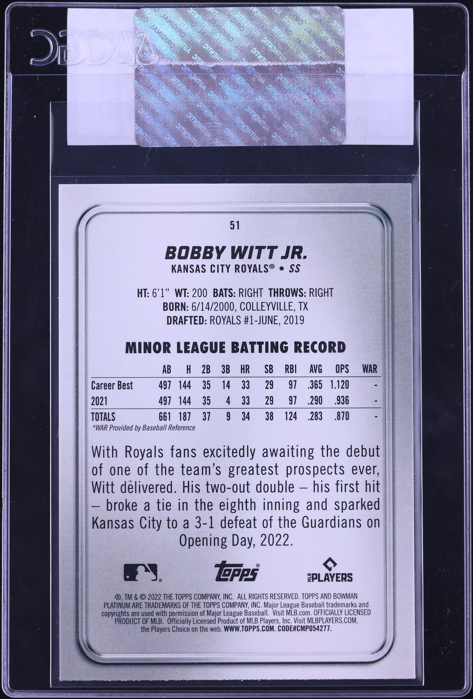 2022 Bowman Platinum Bobby Witt Jr. ROOKIE #51 CGC AUTH