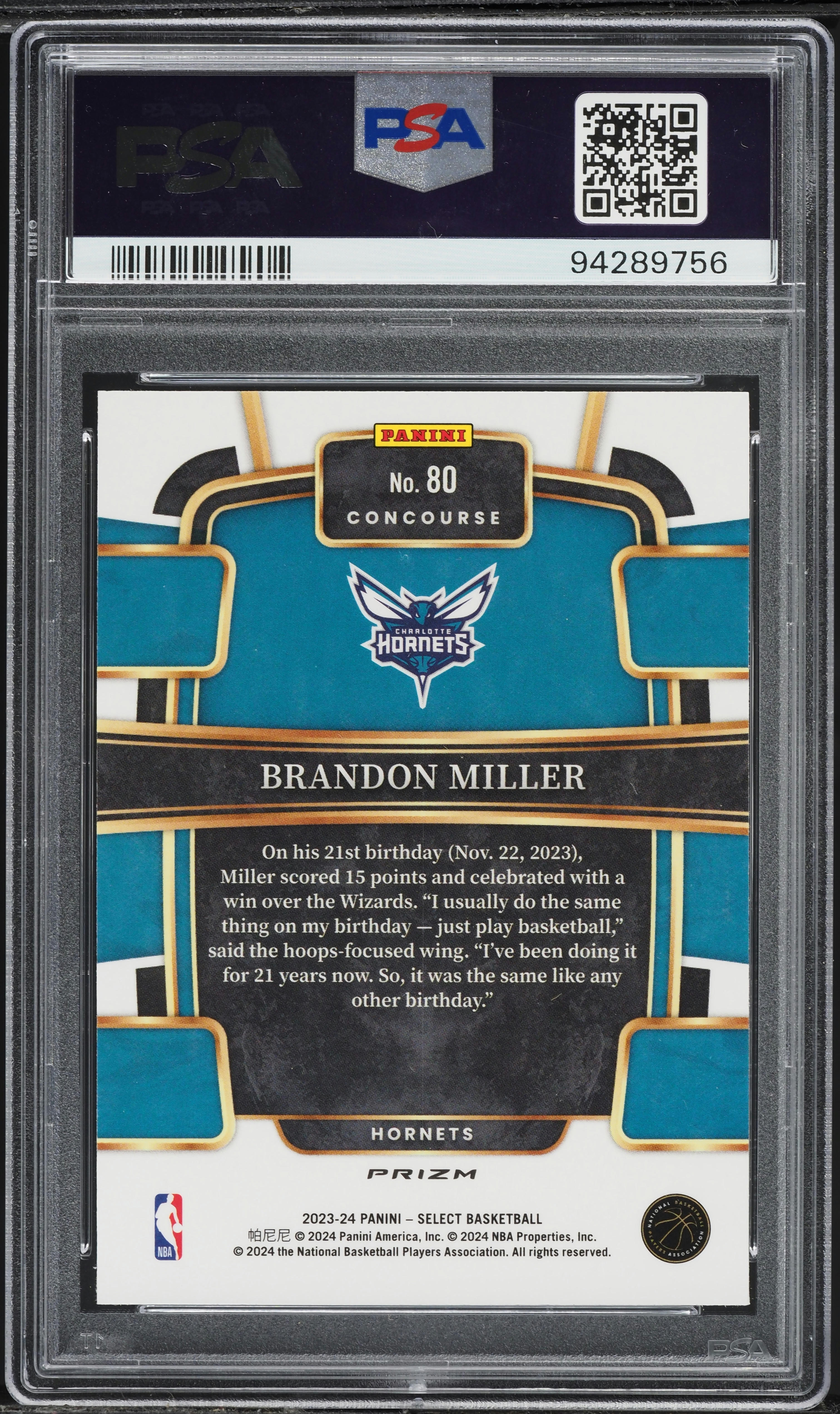 2023 Select Concourse Orange Flash Brandon Miller ROOKIE #80 PSA