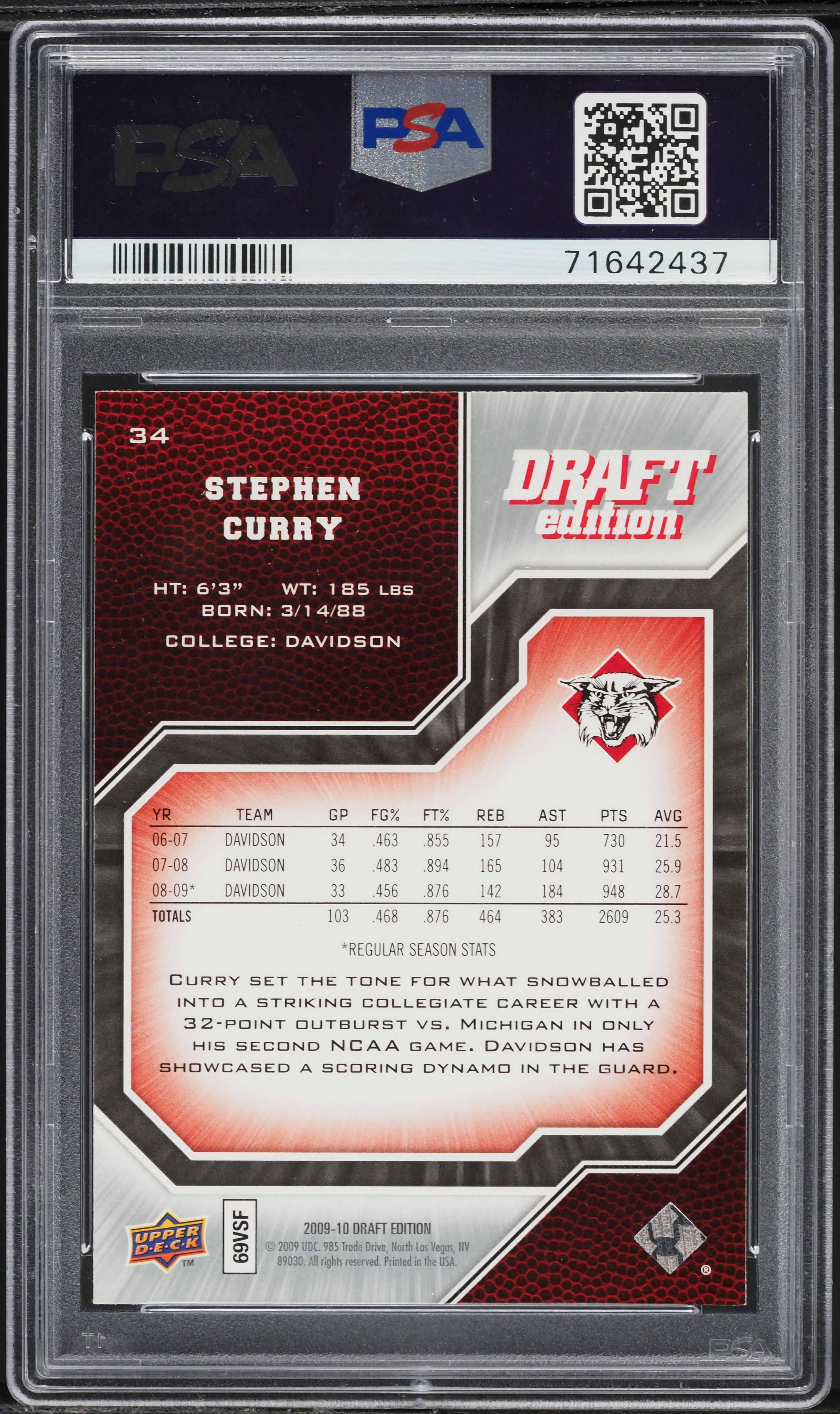 2009 Upper Deck Draft Edition Stephen Curry ROOKIE #34 PSA 10 GEM