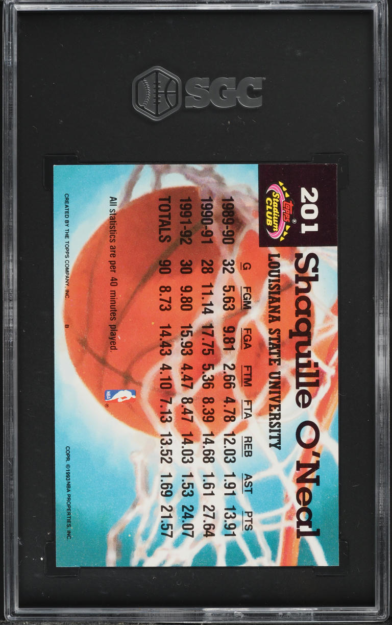 1992 Stadium Club Members Choice Shaquille O'Neal ROOKIE #201 SGC 10 GEM MINT