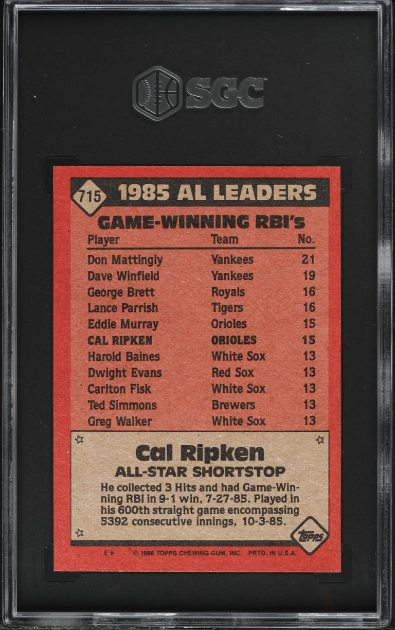 1986 Topps Cal Ripken Jr. ALL-STAR #715 SGC 9.5 MINT+