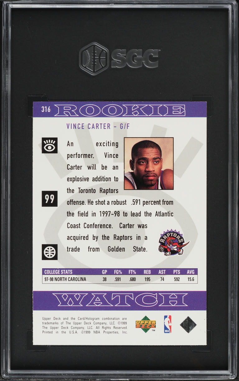 1998 Upper Deck Watch Vince Carter ROOKIE #316 SGC 8 NM-MT