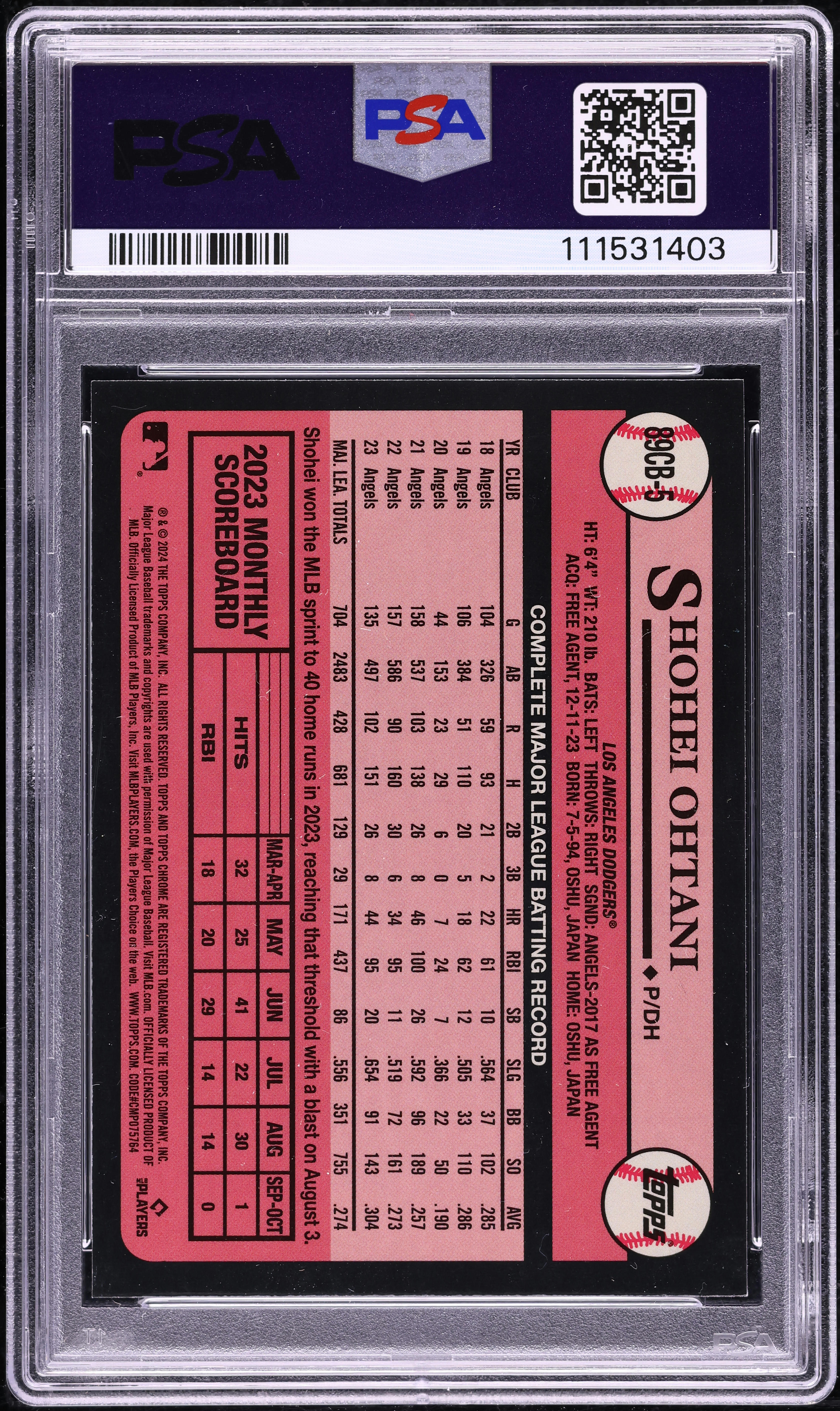 2024 Topps Chrome '89 Orange Refractor Shohei Ohtani /25 #5 PSA 9