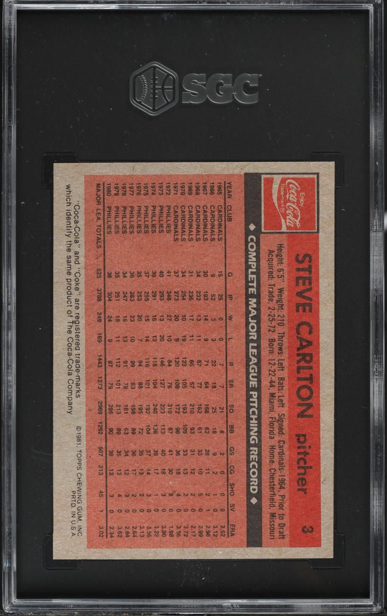 1981 Topps Coca-Cola Steve Carlton PHILLIES #3 SGC 8.5 NM-MT+