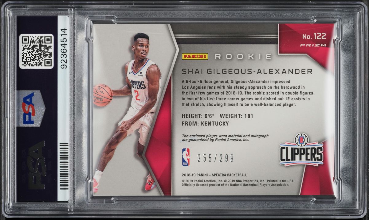 2018 Panini Spectra Shai Gilgeous-Alexander ROOKIE PATCH AUTO /299 #122 PSA 8
