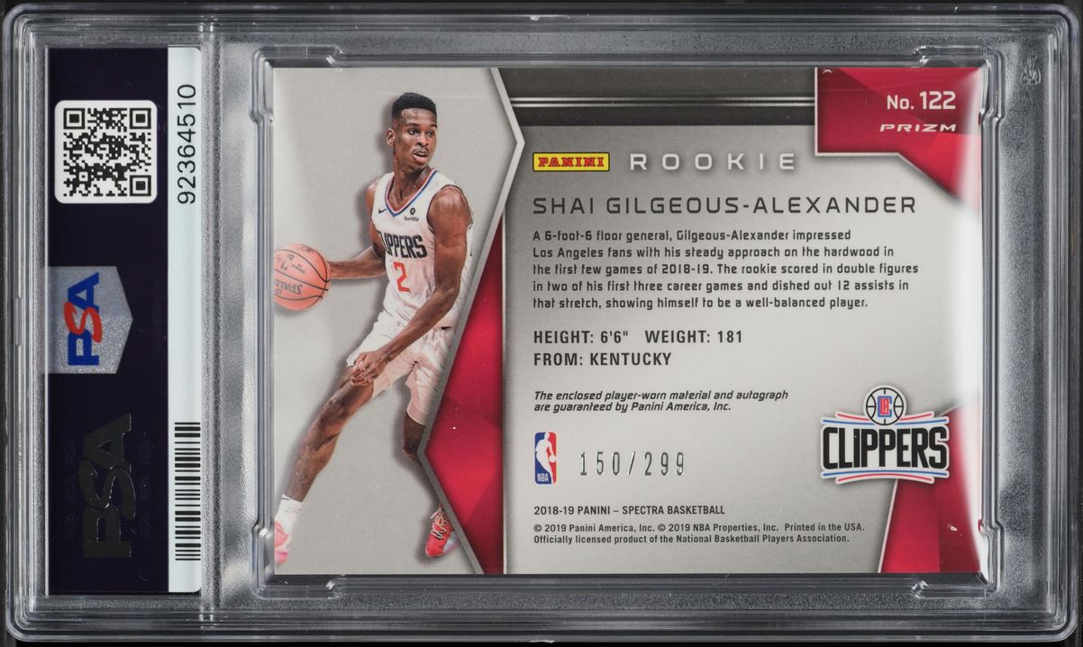 2018 Panini Spectra Shai Gilgeous-Alexander RC PATCH AUTO /299 #122 PSA 9 MINT