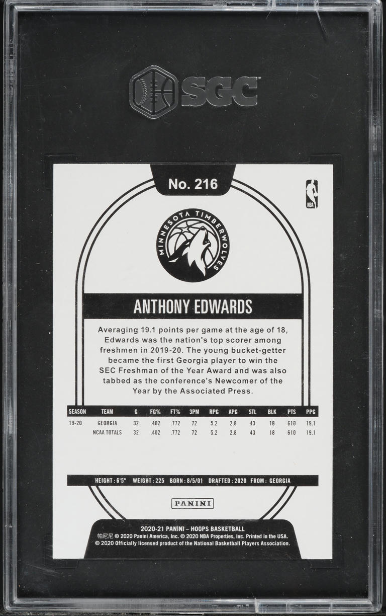 2020 Hoops Winter Anthony Edwards ROOKIE #216 SGC 10 GEM MINT
