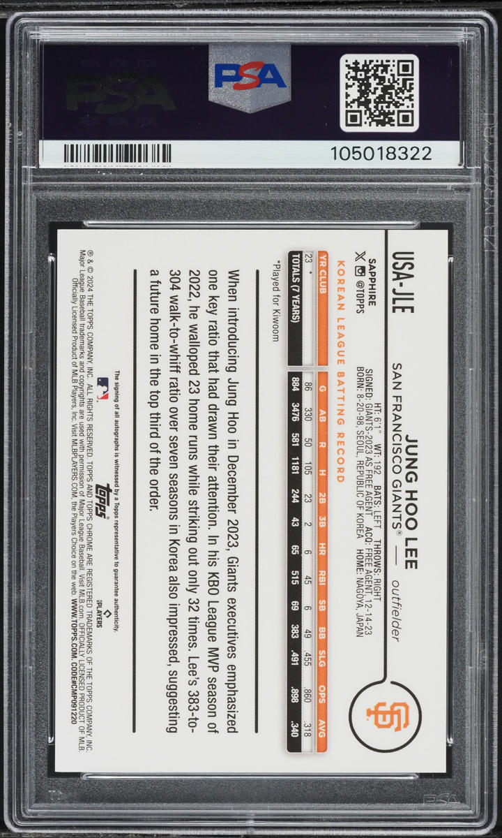 2024 Topps Chrome Sapphire Update Green Jung Hoo Lee ROOKIE AUTO /99 #JLE PSA 9
