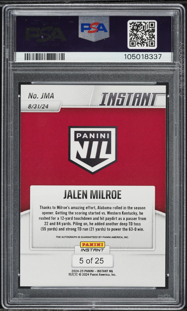 2024 Panini Instant NIL College Football Jungle Jalen Milroe AUTO /25 #JMA PSA 9