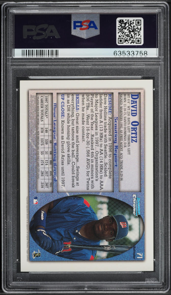 1998 Bowman Chrome Refractor David Ortiz ROOKIE #71 PSA 8 NM-MT on