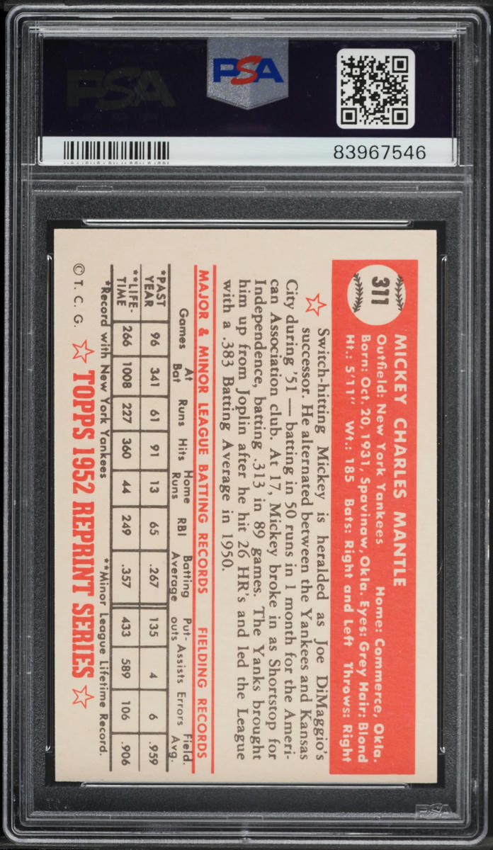 1983 Topps '52 Reprint Mickey Mantle #311 PSA 6 EXMT
