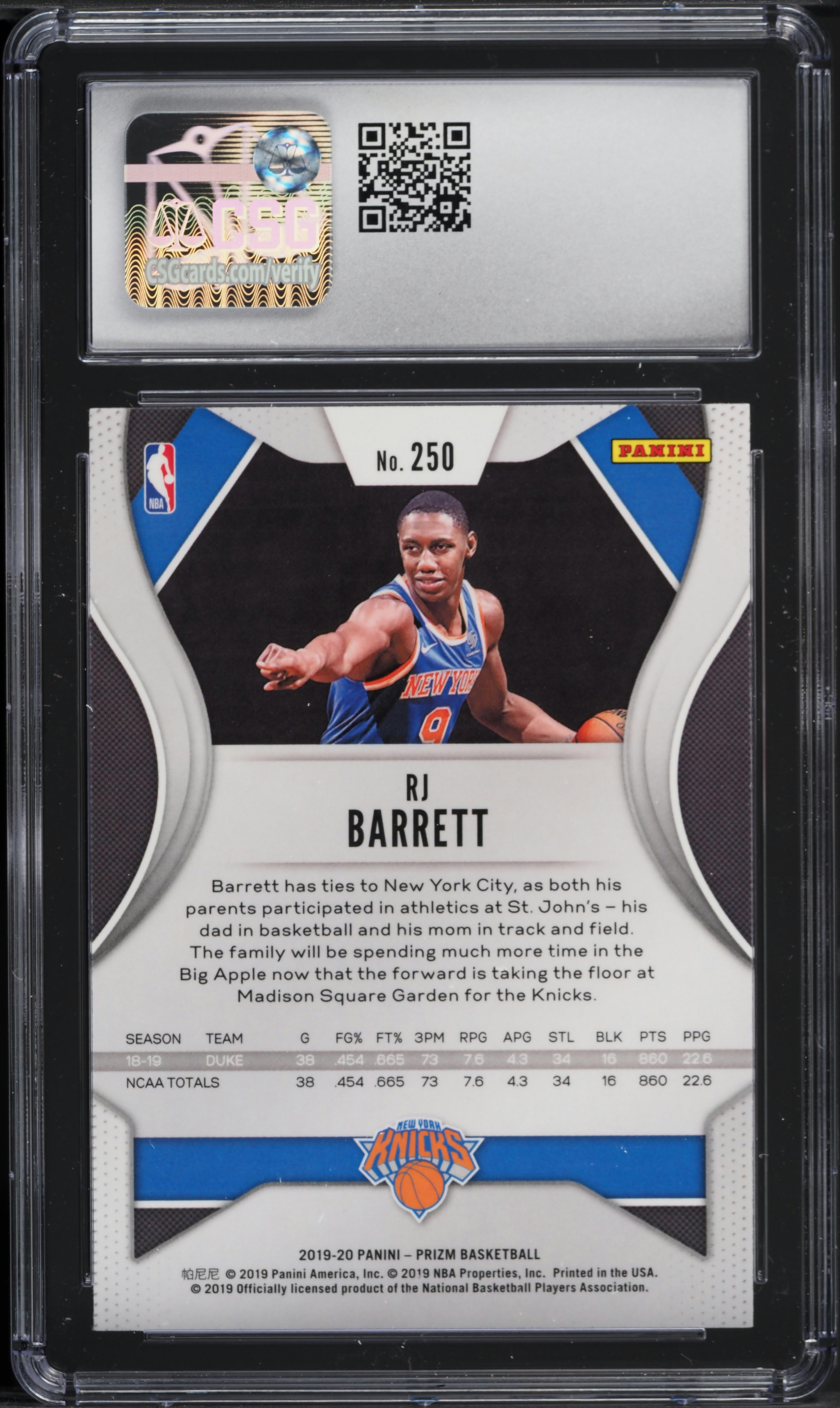 2019 Panini Prizm Silver RJ Barrett ROOKIE #250 CSG 8.5 NM-MT+ on