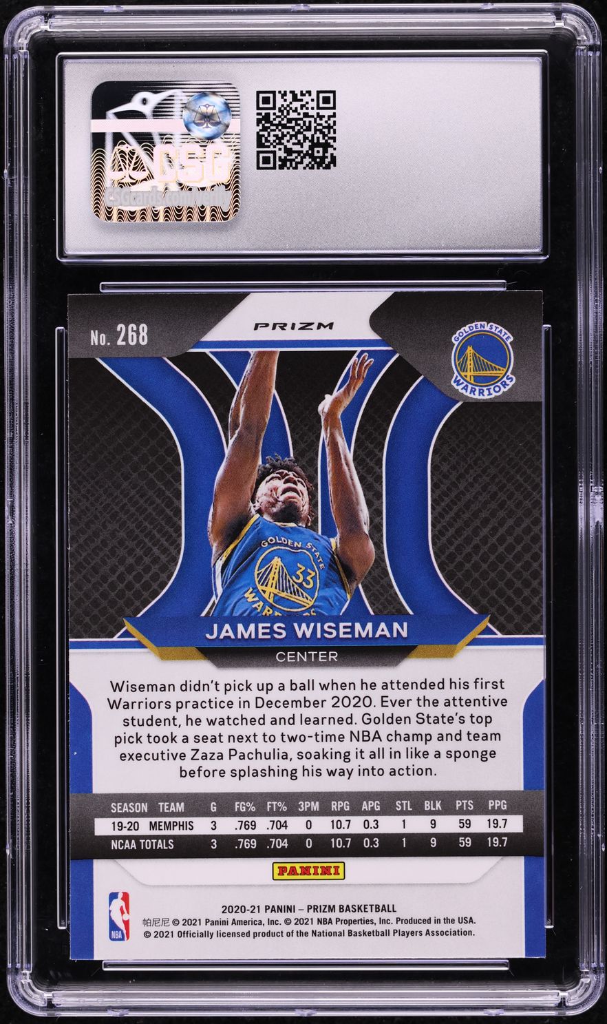 2020 Panini Prizm Red White & Blue James Wiseman ROOKIE #268 CSG 8.5 NM-MT+