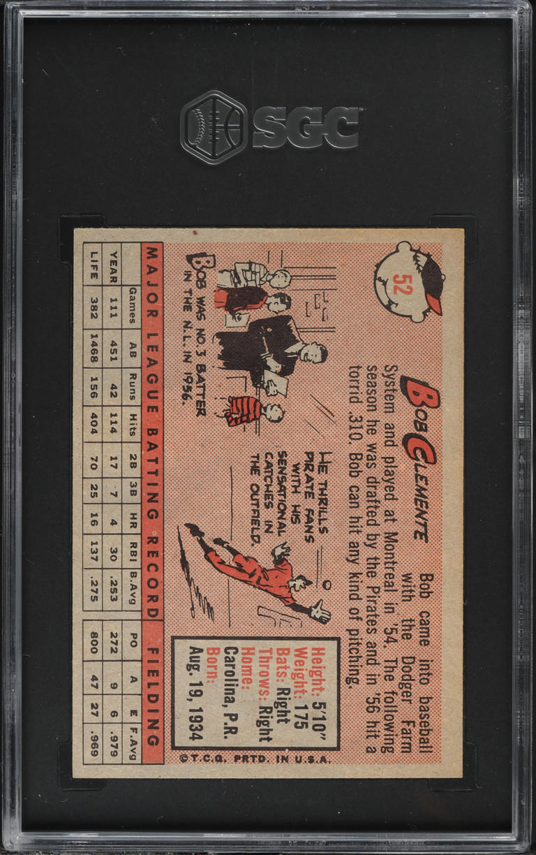 1958 Topps Bob Clemente YELLOW LETTERS #52 SGC 7 NRMT