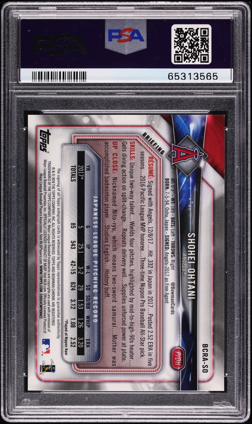 2018 Bowman Chrome Green Shohei Ohtani ROOKIE AUTO DNA 9 /99 #BCRA-SO PSA 9 MINT