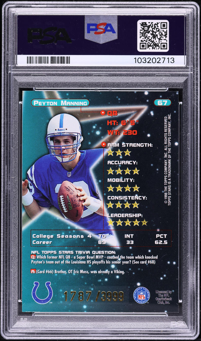1998 Topps Stars Silver Peyton Manning ROOKIE /3999 #67 PSA 9 MINT