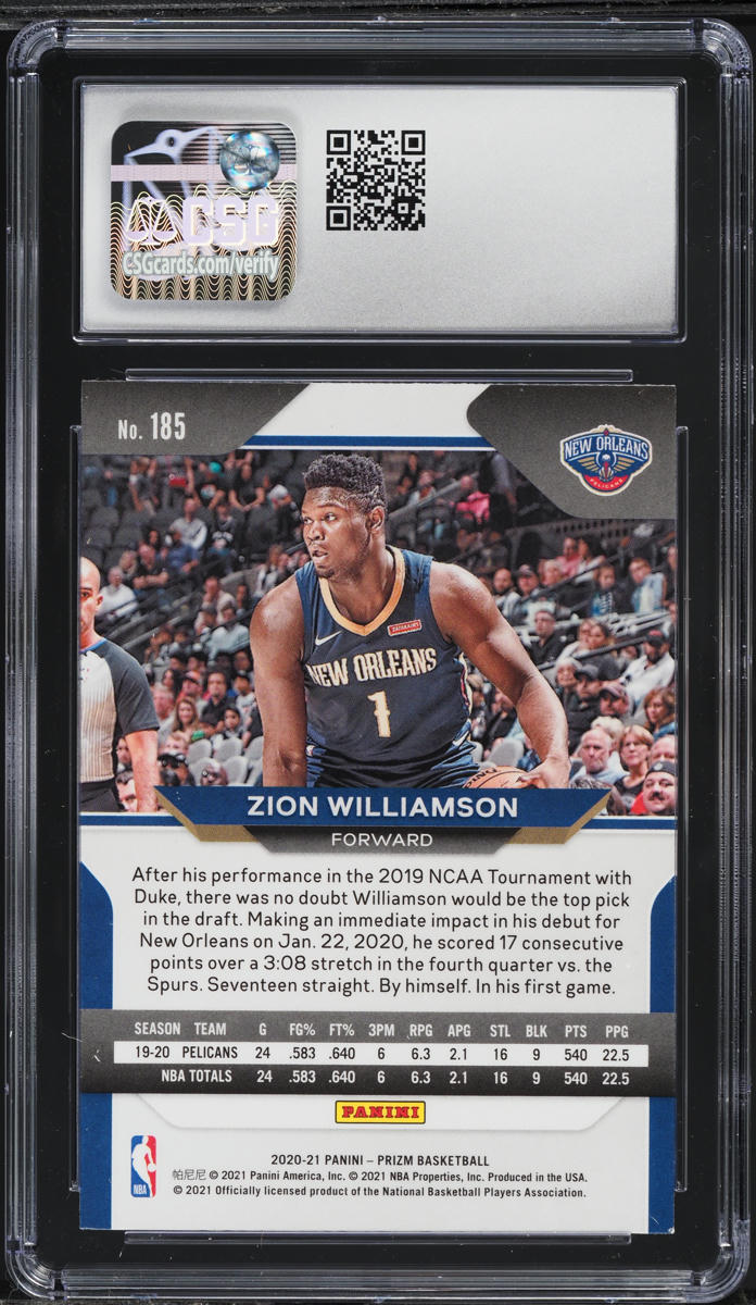2020 Panini Prizm Zion Williamson #185 CSG 9 MINT