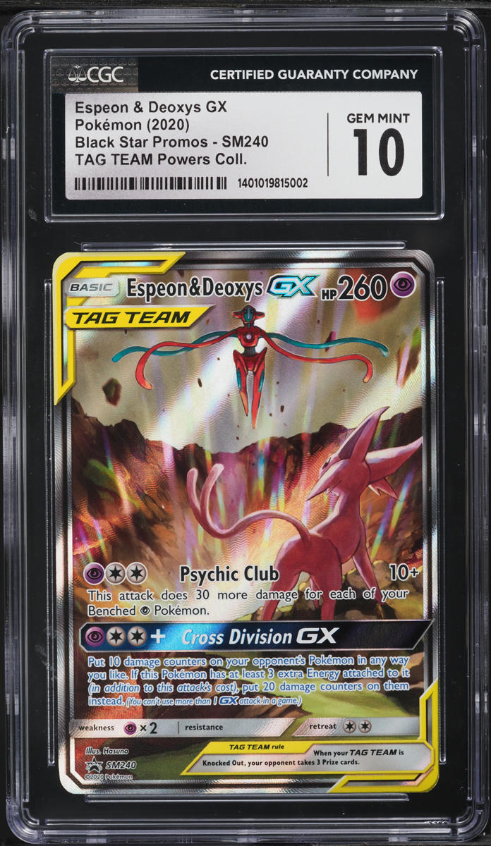2020 Pokemon SM Black Star Promo Tag Team Espeon & Deoxys GX #SM240 CGC 10 GEM on Fanatics Collect 2020 Pokemon SM Black Star Promo Tag Team Espeon & Deoxys GX #SM240 CGC 10 GEM on Fanatics Collect