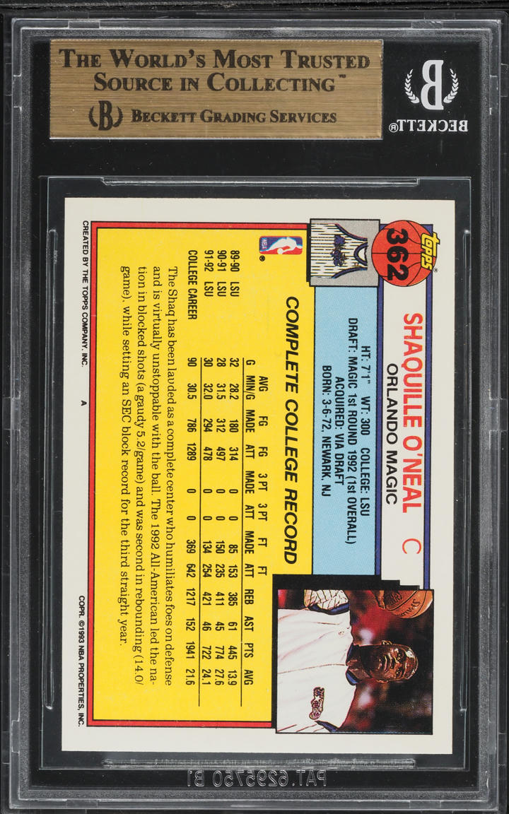 1992 Topps Basketball Shaquille O'Neal ROOKIE #362 BGS 9.5 GEM MINT