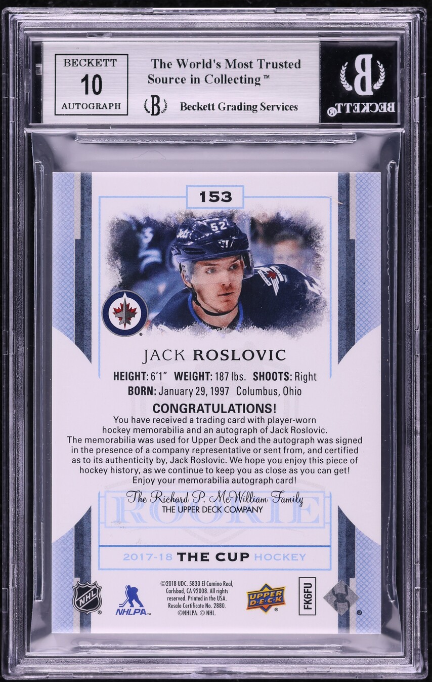 2017 Upper Deck The Cup Jack Roslovic ROOKIE PATCH AUTO /249 #153 BGS 9 MINT