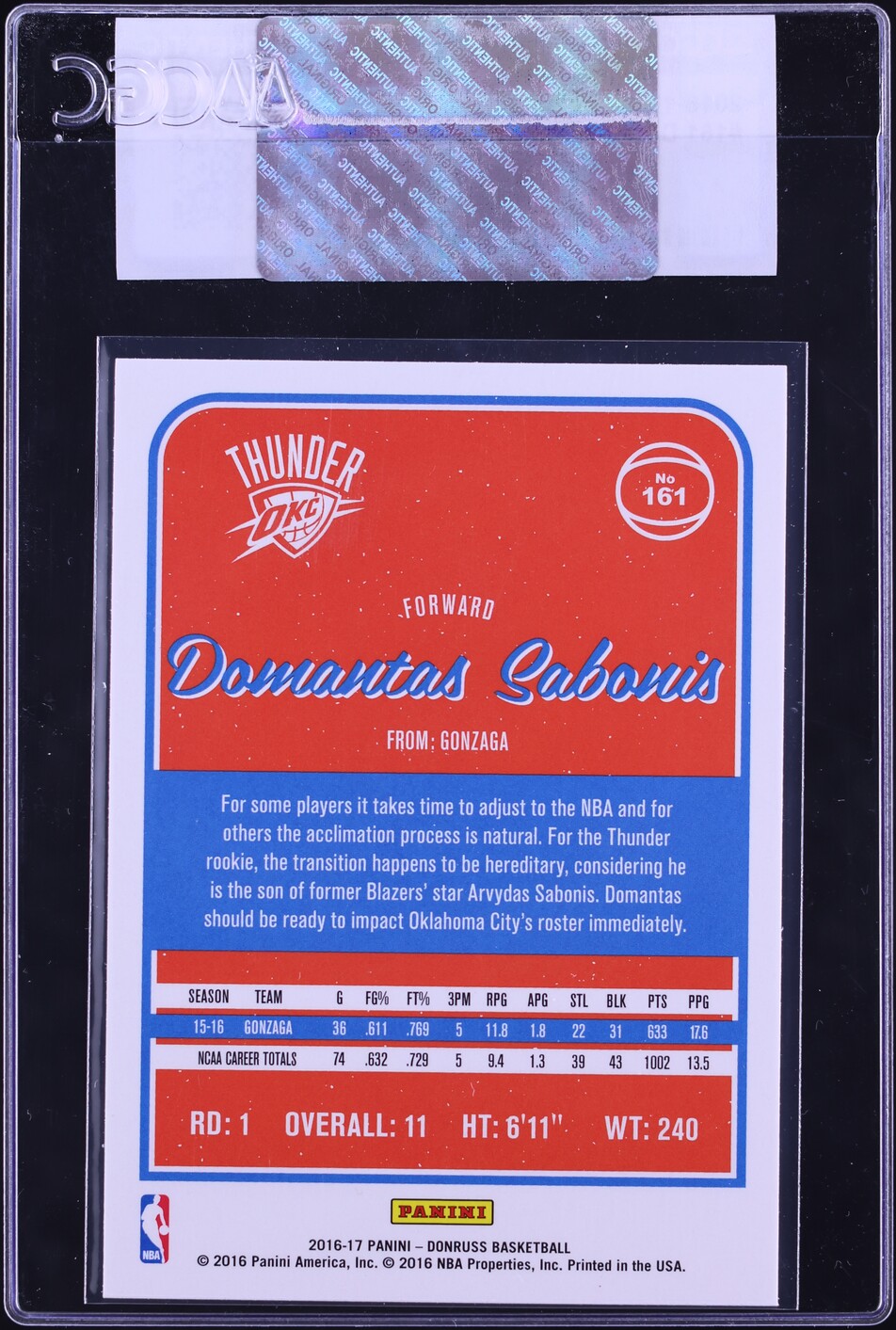 2016 Donruss Basketball Domantas Sabonis ROOKIE #161 CGC AUTH