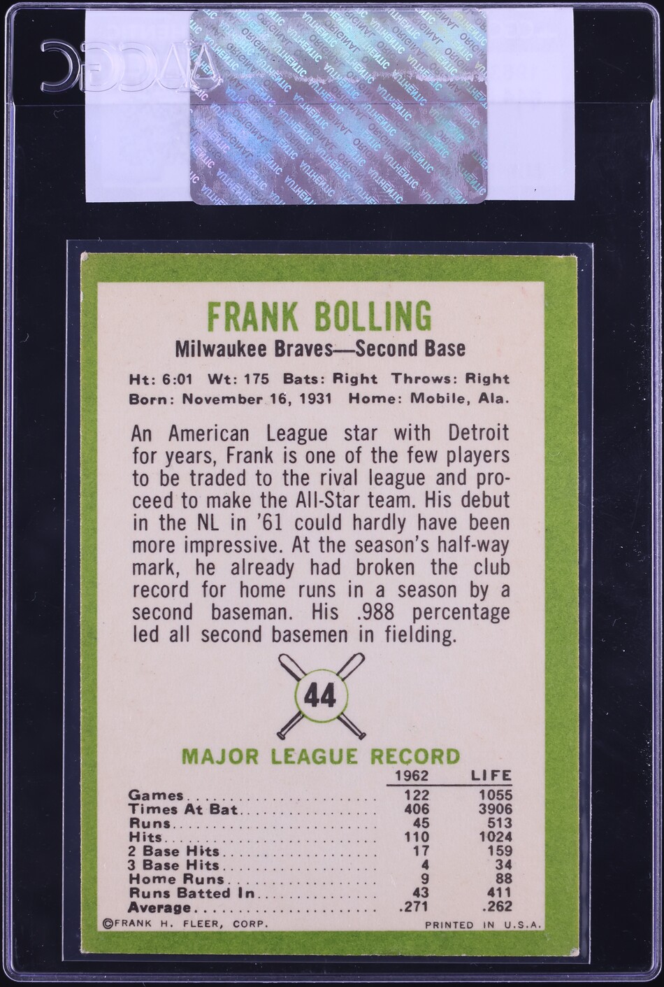 1963 Fleer Frank Bolling #44 CGC AUTH
