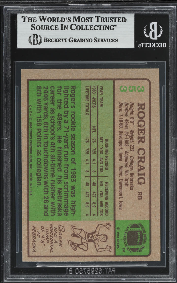 1984 Topps Football Roger Craig ROOKIE #353 BAS BGS 8 NM-MT