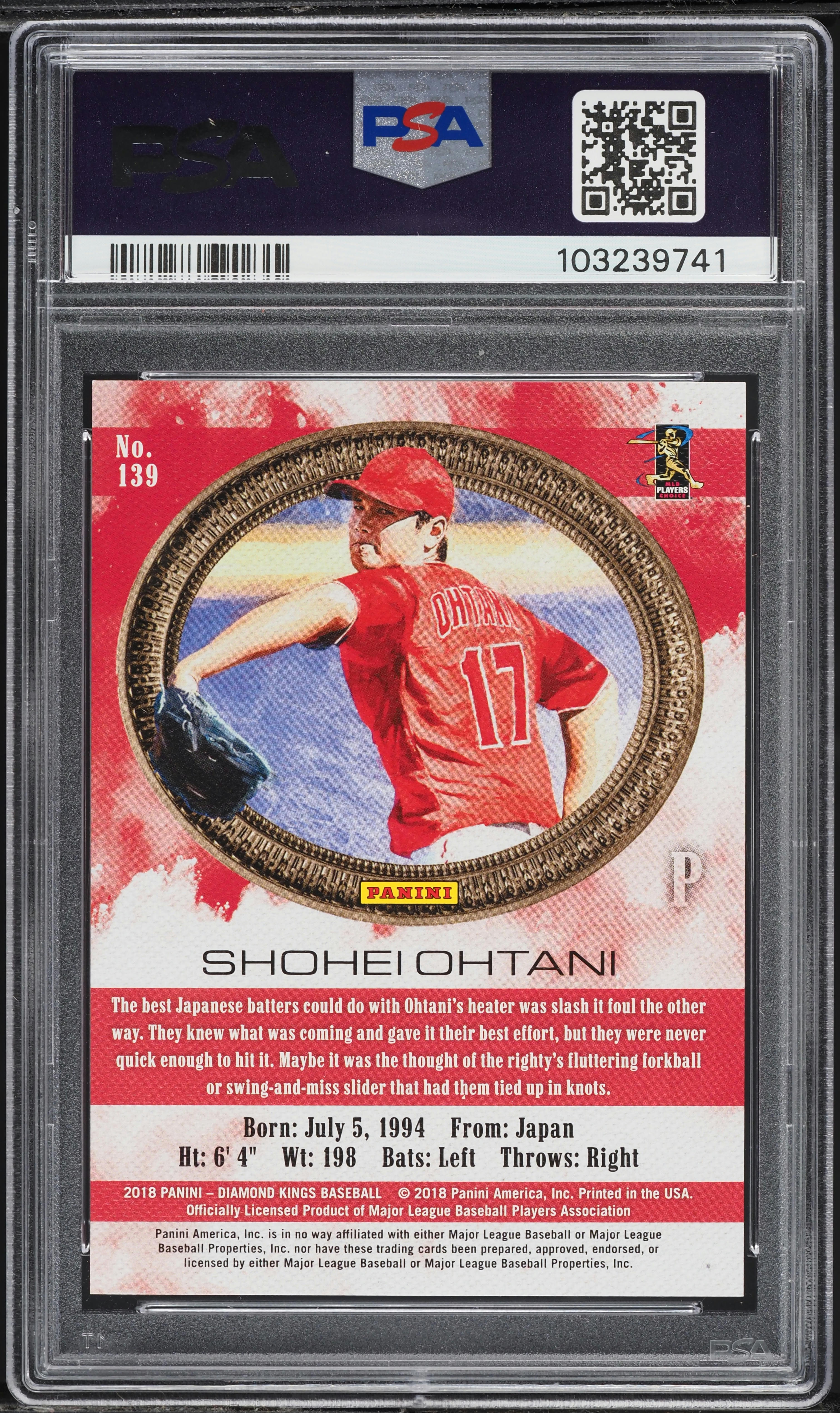 2018 Panini Diamond Kings Red Frame Shohei Ohtani ROOKIE #139 PSA