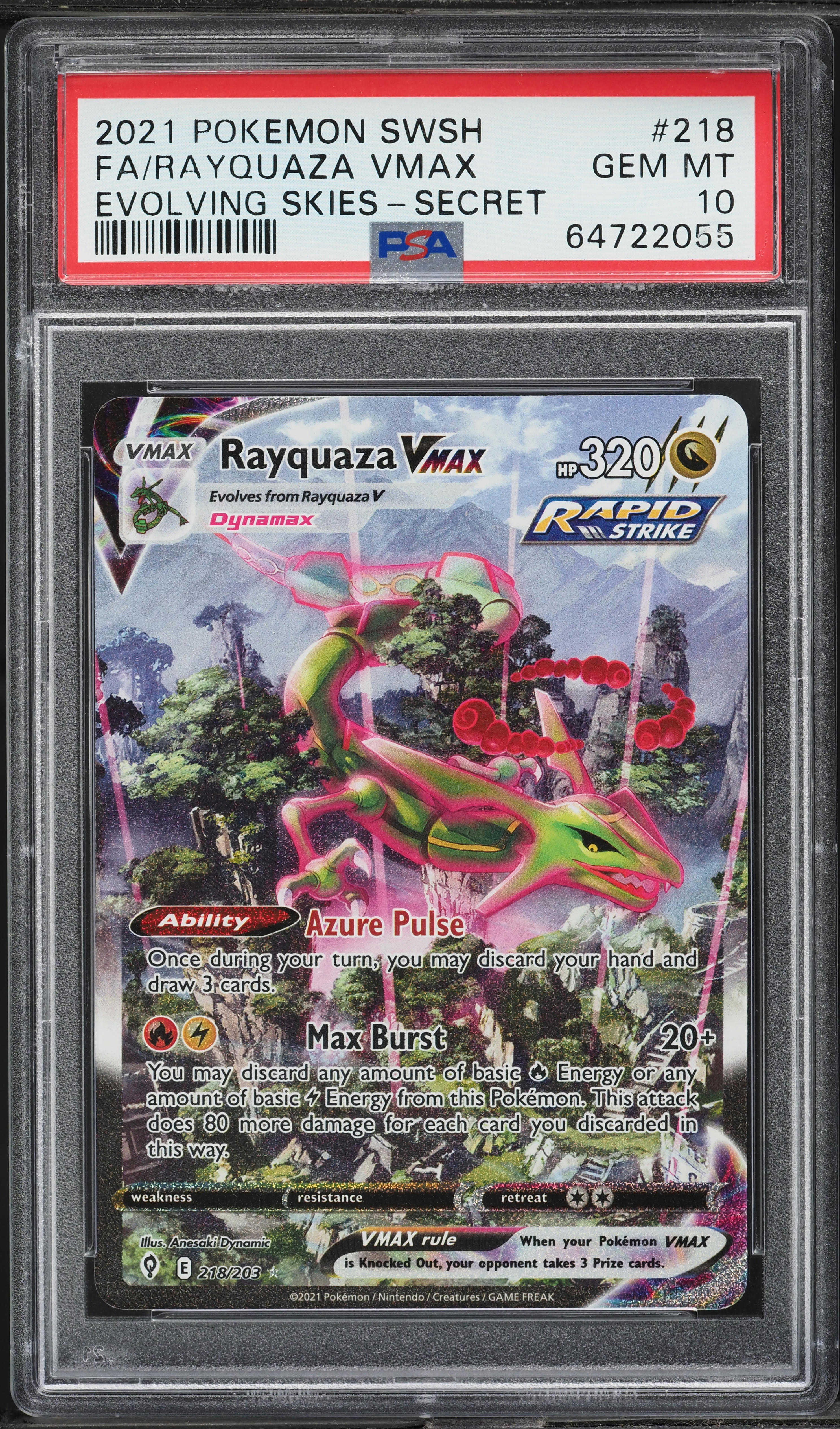 2021 Pokemon SWSH Evolving Skies Full Art Rayquaza VMAX #218 PSA