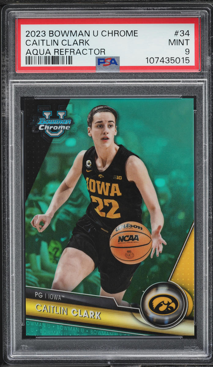2023 Bowman Chrome University Aqua Refractor Caitlin Clark ROOKIE /299 #34 PSA 9