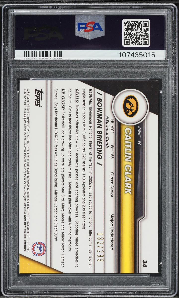2023 Bowman Chrome University Aqua Refractor Caitlin Clark ROOKIE /299 #34 PSA 9