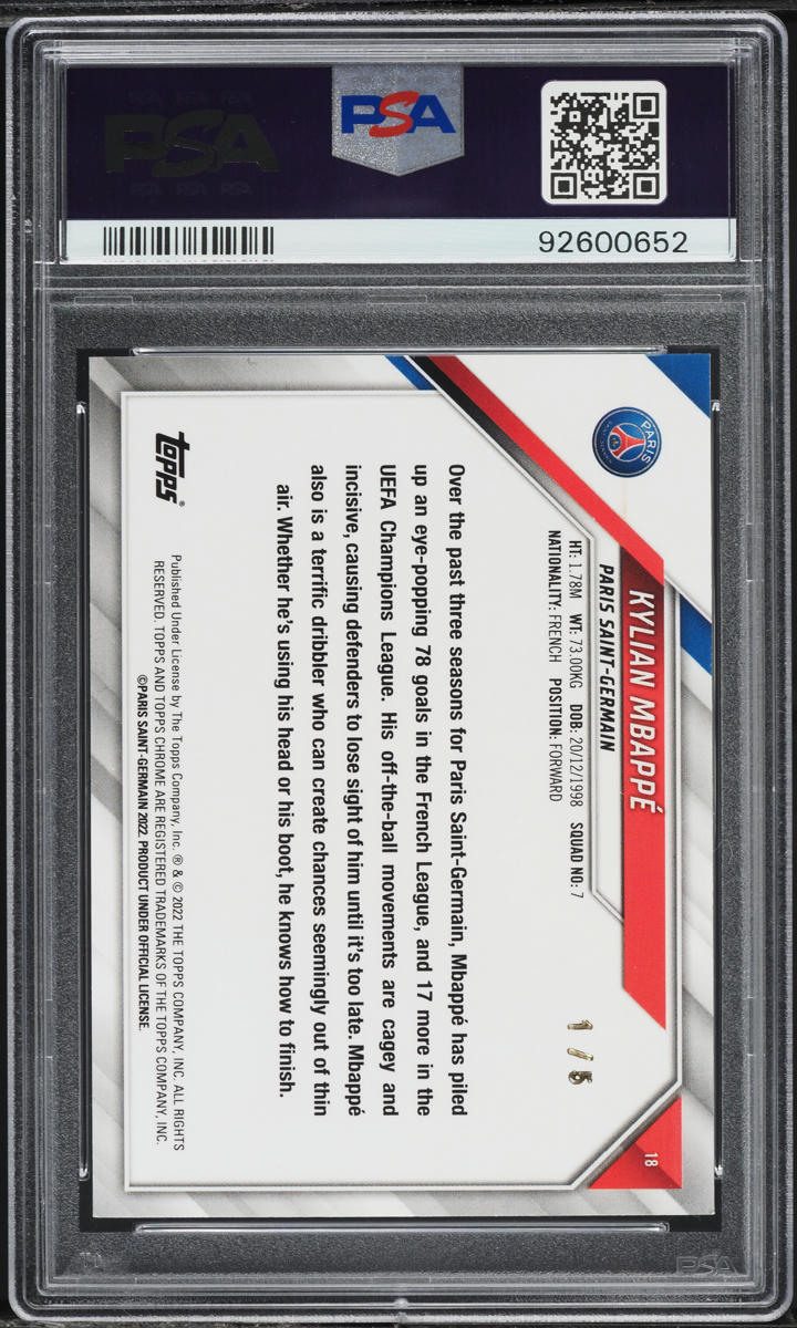 2021 Topps Chrome Paris Saint-Germain Red Refractor Kylian Mbappe 1/5 #18 PSA 9