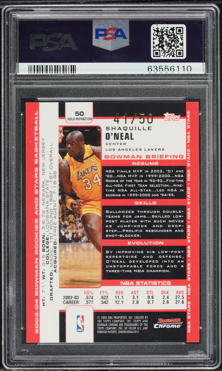 2003 Bowman Rookie & Stars Chrome Gold Refractor Shaquille O'Neal /50 #50 PSA 9